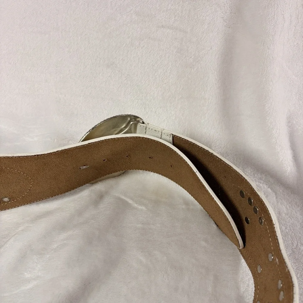 Vintage 90s Western Boho White Leather Statement Belt Westerncore Rodeo Cowgirl